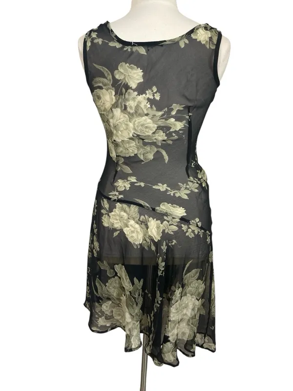 Whimsical Sheer Beaded Black Floral Cowl Neck Asymmetrical Slip Dress - Image 2