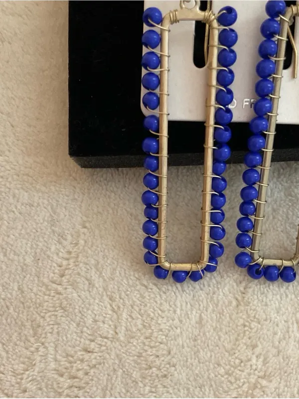 Royal Blue Beaded Rectangle Hoop Earrings - Image 2