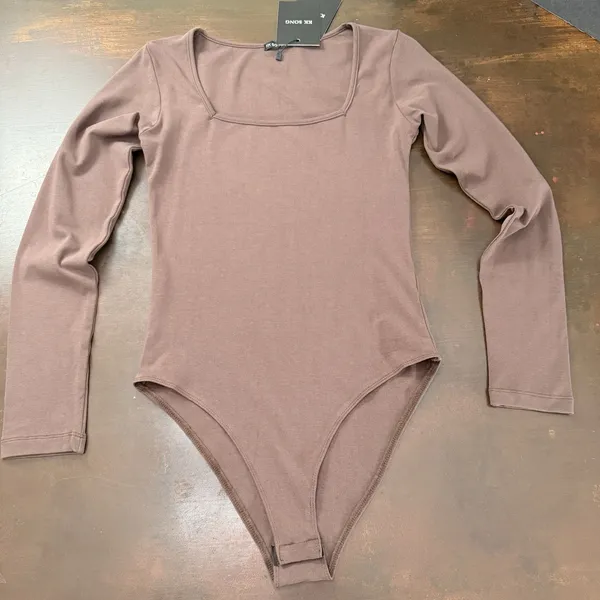 KK SONG Bodysuit Brown Long Sleeve Solid Basic Elegant top square neck casual - Image 3