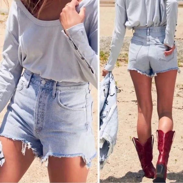 Agolde Dee Short in Digit Button Fly Distressed Hem Denim Jean Shorts Size 26 - Image 2