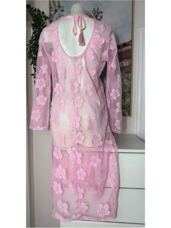 Women's Pink Floral Lace Fishnet Mesh Sheer Long Sleeve Midi Dress Cover Up M/L - Image 6