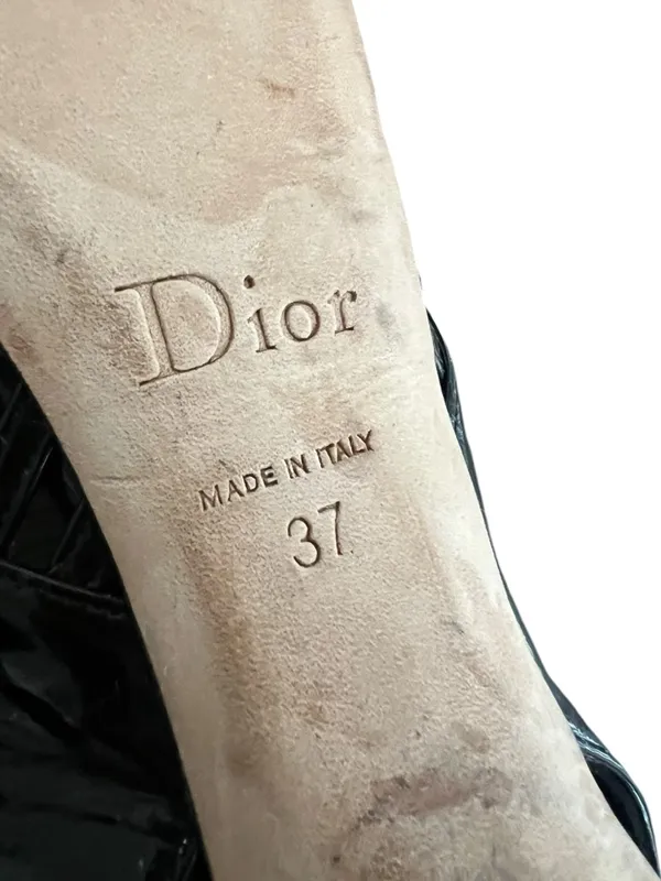Christian Dior Women’s Whisper Black Patent Leather Peep Toe Sandals Heels 37 - Image 11