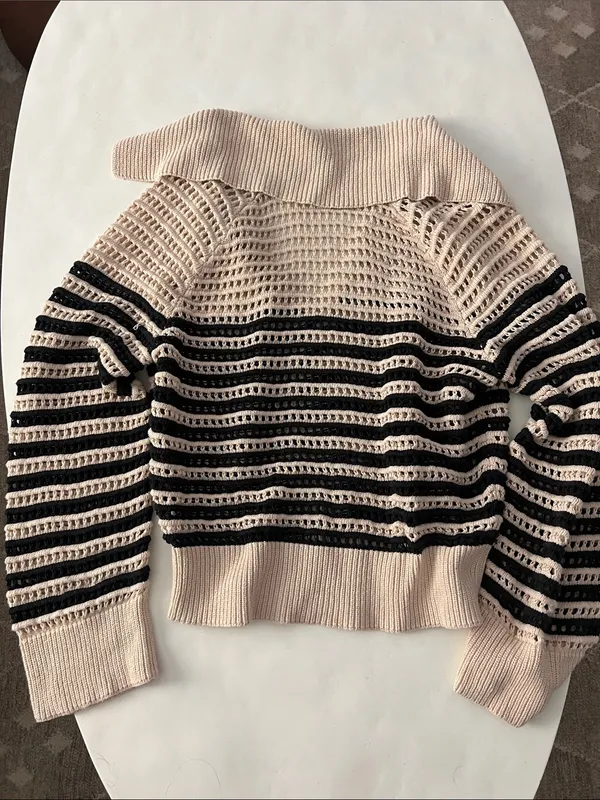 J. Crew Crochet Sailor Collar Open Knit Neutral Stripe Pullover Sweater Cotton M - Image 5