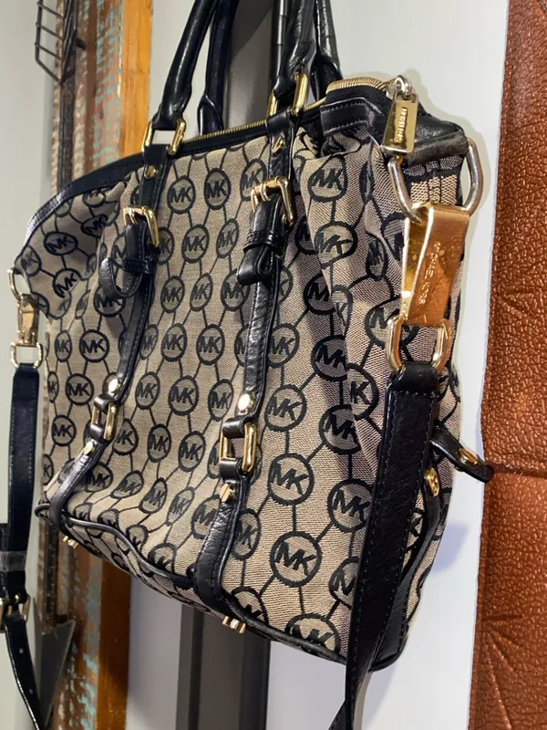 Michael Kors Black and Beige MK Monogram Satchel with Crossbody Strap - Image 7