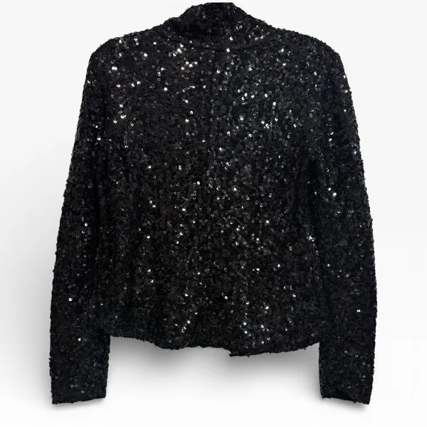 Free‎ People Black Sequin Mock Neck Long Sleeve Slouchy Top Size Small - Image 2