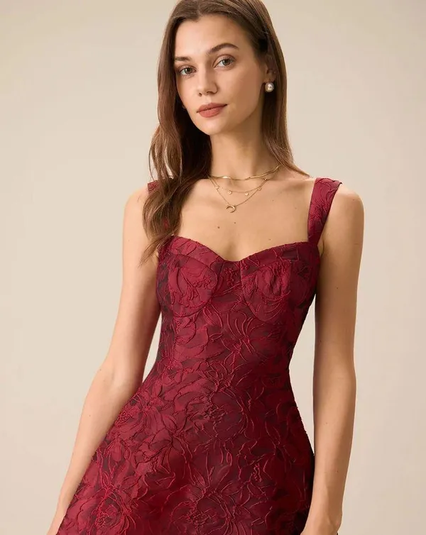 RIHOAS The Red Sweetheart Neck Jacquard Midi Dress 76 - Image 5