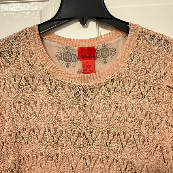 V‎ Christina Crochet Knit Scalloped Hem Sweater Peach Orange Size XL - Image 2