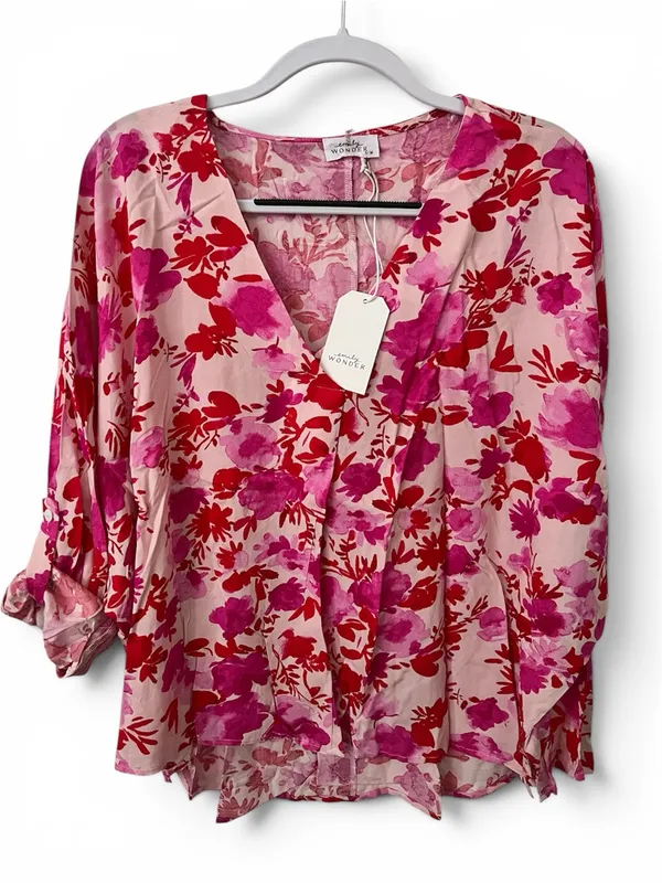 Emily Wonder Floral V-Neck Pink & Fuchsia Blouse NWT - Image 3
