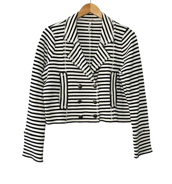 Free People Striped Knit Blazer Jacket M Black White Nautical Y2K Inspired - Image 2
