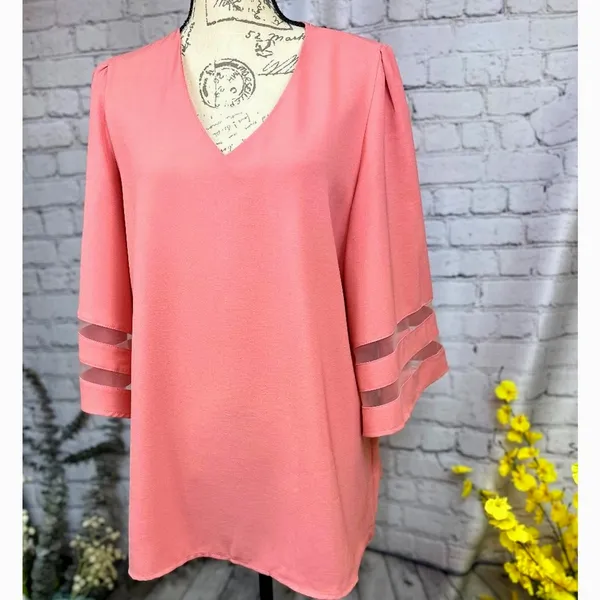 Casual V Neck 3/4 Bell Sleeve Mesh Panel Blouse Coral XL - Image 2
