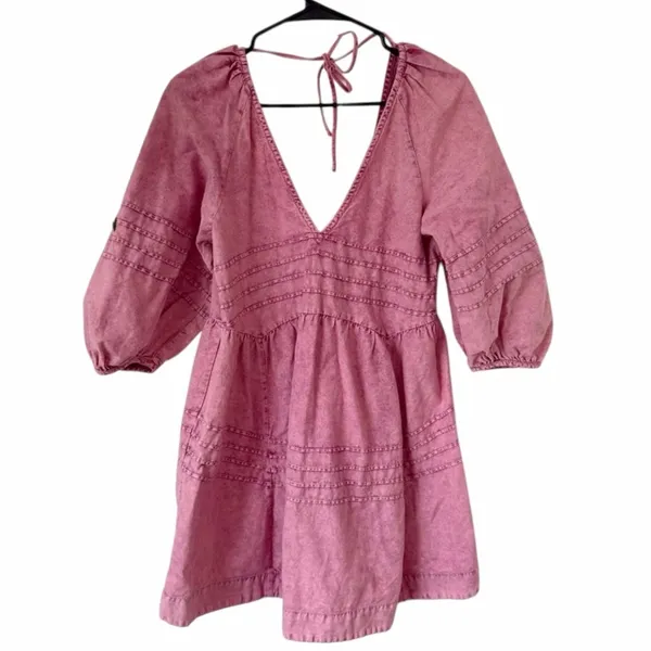 Mustard Seed Pink Boho Babydoll Mini Dress with V-Neck Size Small - Image 2