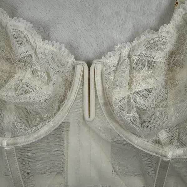 Auden Intimates Ivory Lace Longline Bra Bustier Sheer Dot Mesh Underwire‎ Large - Image 2