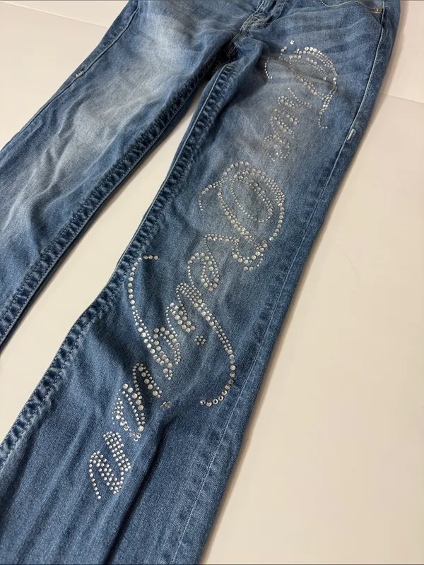 True Religion Blue Flare Jeans with Rhinestone Script - Image 5