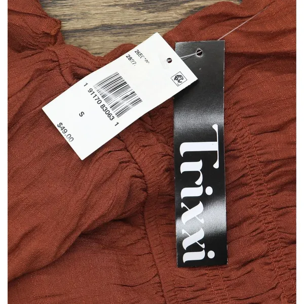 NWT Trixxi Juniors Square-Neck Tie-Strap Fit Flare Mini Dress Brown Orange S - Image 7
