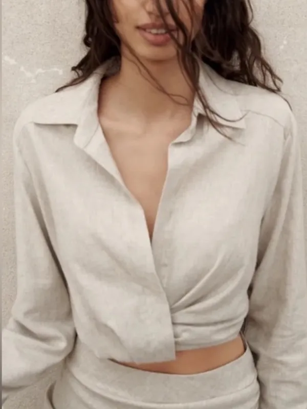 Zara Beige Linen Cropped Twist Coastal Top - Image 3