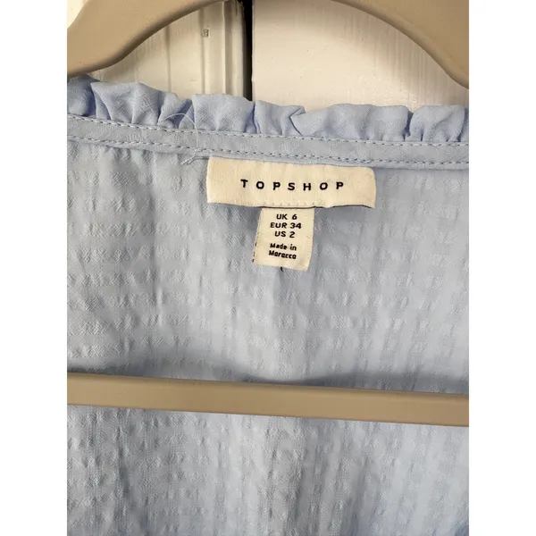 TOPSHOP Baby Blue Gingham Ruffle Sweetheart‎ Neck Crop Top Long Sleeve Size US 2 - Image 5