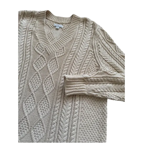 LL Bean Women's‎ Sweater Large Signature Cotton Fisherman Cable Knit Beige Cream - Image 2