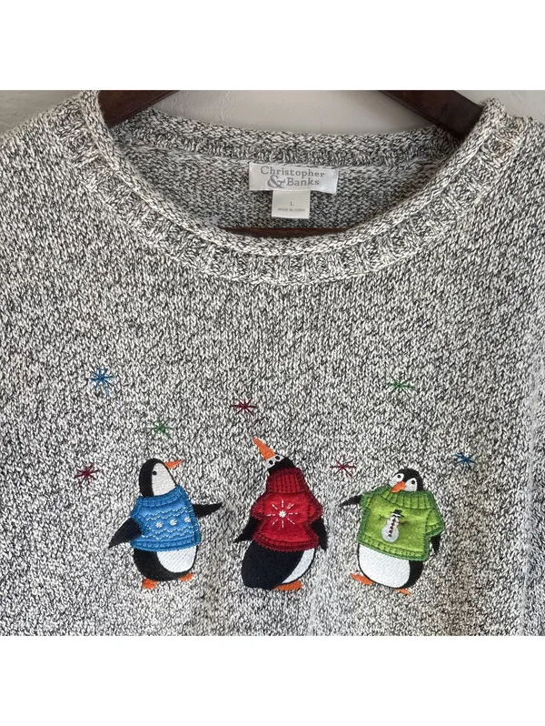 Christopher & Banks Vintage Grey Embroidered Penguin Snowflake Sweater Large - Image 3