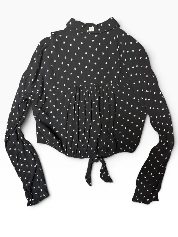 Billabong Black White Print Tie Front Button Down Cropped Blouse Large - Image 4