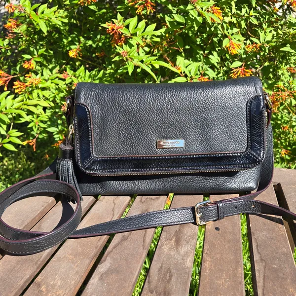Kate Spade Black Pebbled Fold over Zip Closure Leather Crossbody Purse Polka Dot - Image 3