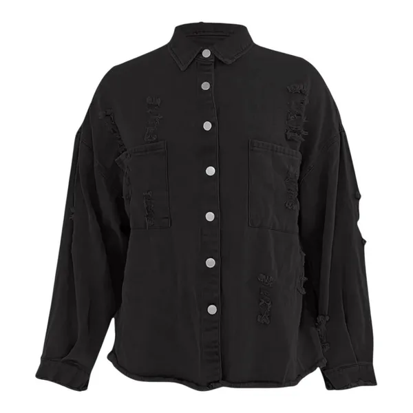 T&C Apparel Distressed Denim Shacket Womens Medium Black Frayed Hem‎ Oversized - Image 2