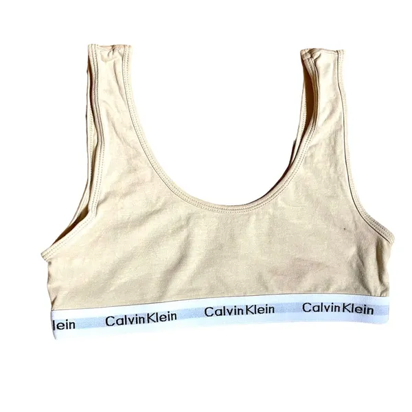 Calvin Klein Tan Beige Unlined Bralette with White Elastic Band Sz L NWOT - Image 3