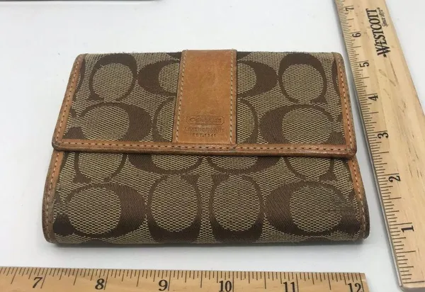 COACH Leather Fabric Combo Brown Tri Fold Wallet - Image 3