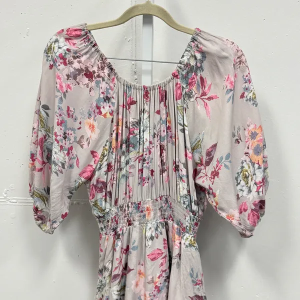 Here Comes the‎ Sun Floral Romper Small Pink Smocked Waist Ruffle Hem Small Boho - Image 6