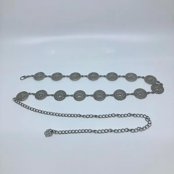 Vintage Y2K Boho Silver Mandala Circle Chain Belt, Fits 26.5–46 Inches, X7GA1166 - Image 6
