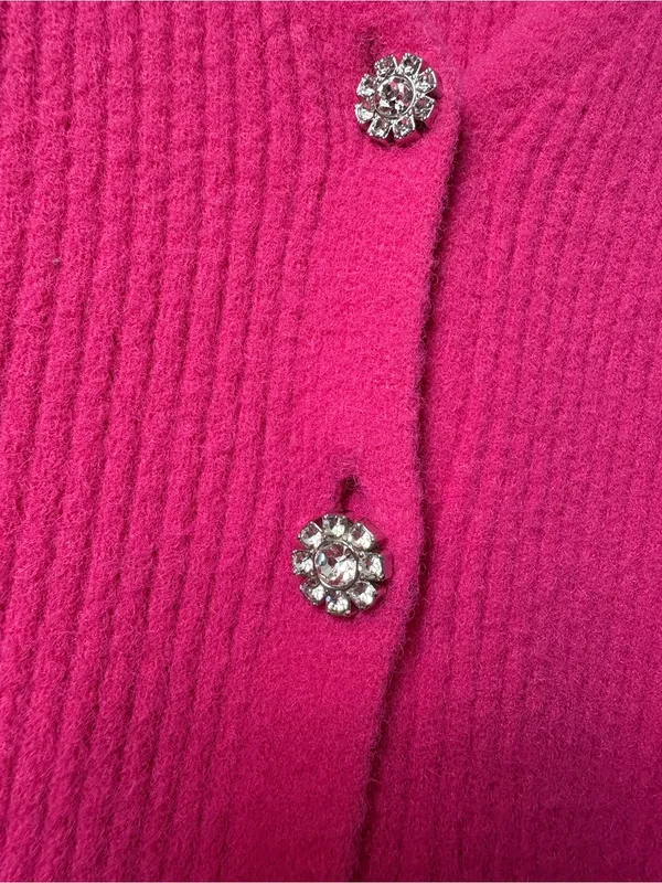 ZARA Hot Pink Fuchsia Cropped Ribbed Cardigan Rhinestone Buttons M - Image 5