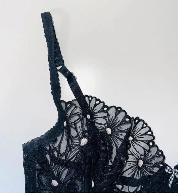 For Love and Lemons Lilou Bra Black Sheer Floral Lace Balconette - Image 3