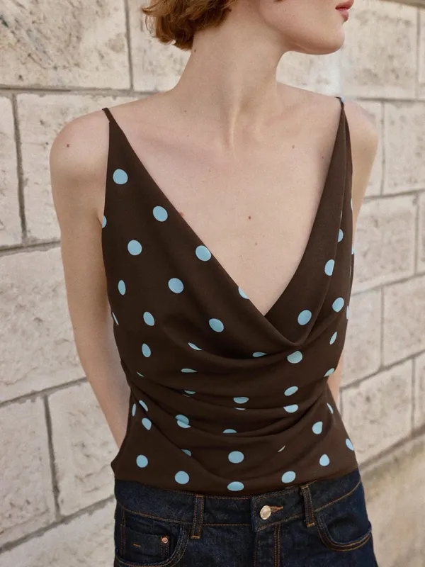 Zara Brown Cowl Neck Camisole with Light Blue Polka Dots - Image 3