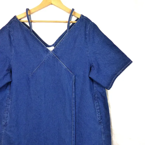 ASOS Denim Mini Dress Womens US 12 Blue V Neck Short Sleeve NWT WHITE Label - Image 5