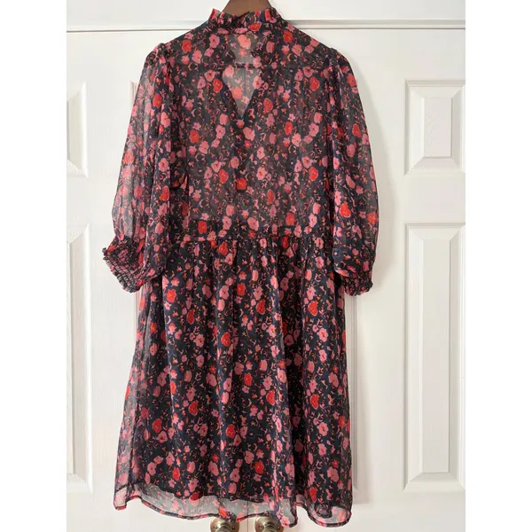THE Korner Floral Chiffon Ruffle Neck Mini Dress Red Pink Navy Size S 9229151‎ - Image 2