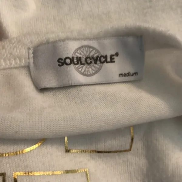 Soulcycle Peace Love Soul Hacci Crew Neck White Gold Pullover Shirt M - Image 5