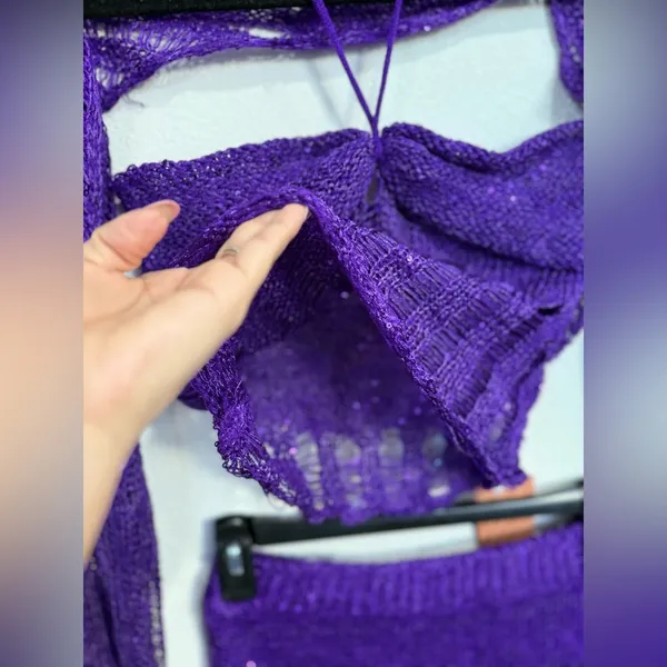 Fairy core 3PC Purple Crochet Set M Festival W Y2K Distressed Crop Top Skirt - Image 7