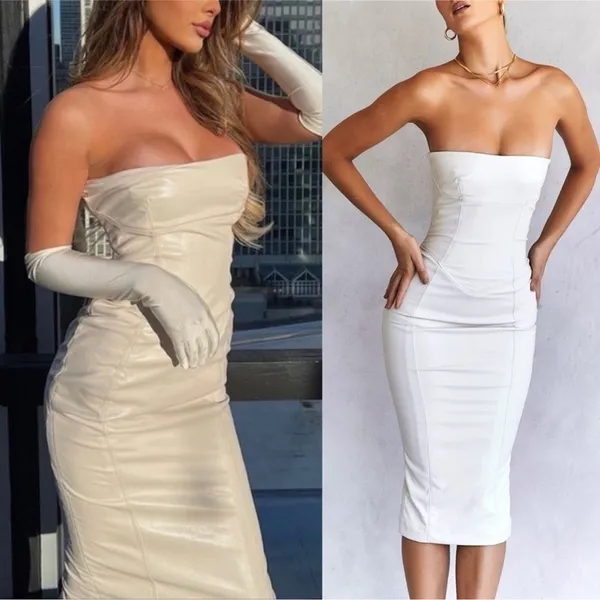 NWOT House of CB- Camilla Ivory Strapless Midi Dress Bodycon Faux Leather Sz XS - Image 2
