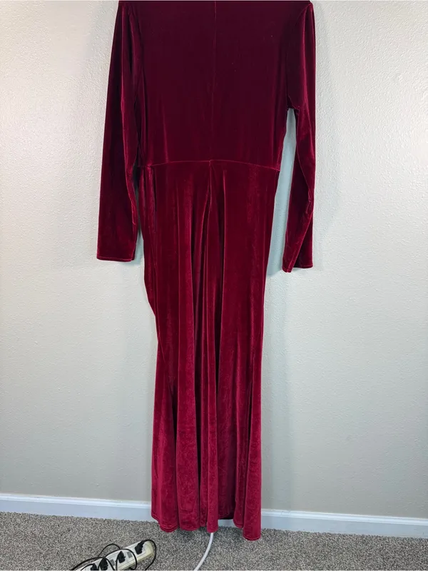Burgundy Red Velvet Plunging Neckline Maxi Dress Gown Womens XL Holiday Party - Image 6