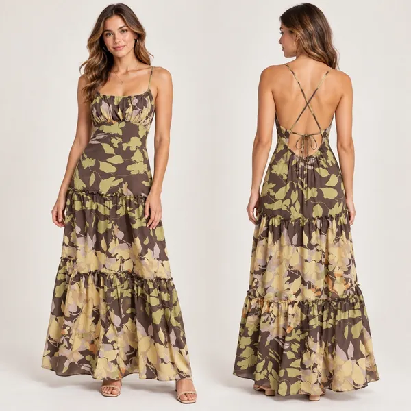 BCBGMAXAZRIA Brown Floral Tiered Maxi Dress Silk Lining Open Back Size Medium - Image 2
