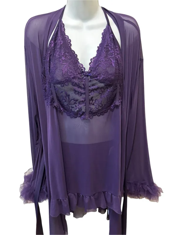 Boutique Lace Patchwork Camisole Nightgown & Bell Sleeve Sheer Robe Set Sz 2X - Image 4