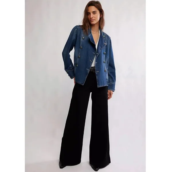 Free People Imogene Denim Officer Jacket in Ensign Wash Large Military Denim - Image 14