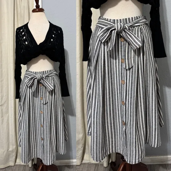See You Monday Linen Blend Striped Midi Skirt‎ Size L Black White Nautical Cottagecore Modest - Image 2