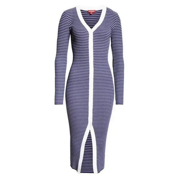 NWT!! STAUD Shoko Stripe Long Sleeve Sweater Dress Navy Blue White Striped Large - Image 10