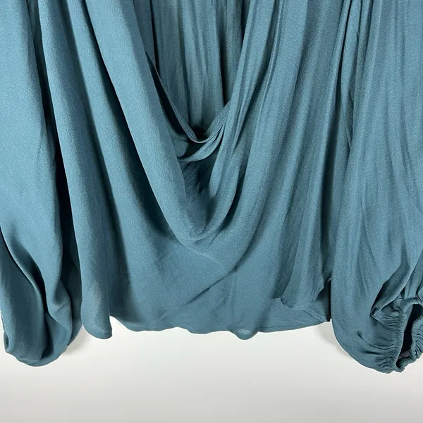 Free People Draped Cowl Neck Poet‎ Blouse Top Silky Flowy Blue Boho Romantic XS - Image 4