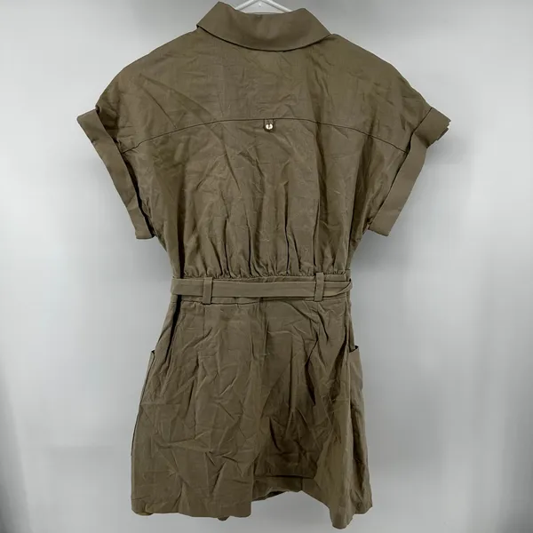 Zara Linen Shirt Dress Collar Mini Short Sleeve Belted Button Pockets Beige S - Image 7