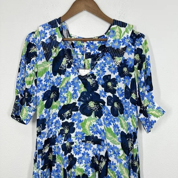 Free People Floral Print Mini Dress Blue Green Moon Chaser Tiered Shift Med NWT‎ - Image 10