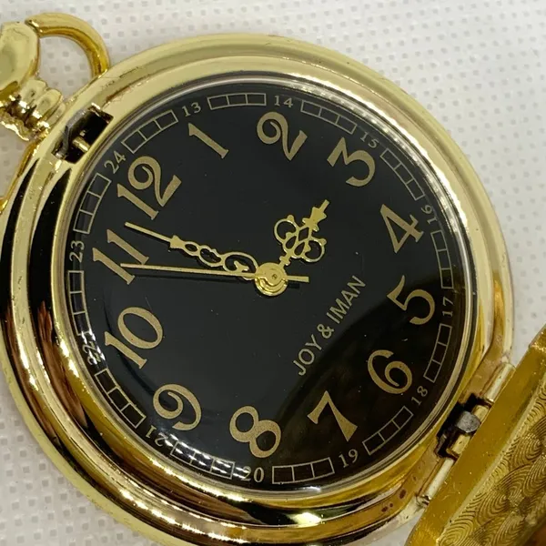 JOY & IMAN Pocket Watch Quartz analog Gold Tone black dial size 46mm running - Image 2