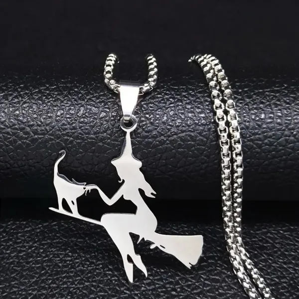 Witch Broom Cat Pendant Necklace Women Witchcraft Silvery Color Hollow Out‎ - Image 9
