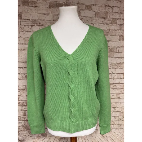 Talbots Green Wool Cashmere Cable Knit Detail V-Neck‎ Sweater Women's Size L - Image 2