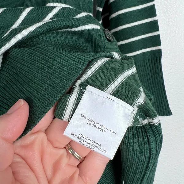 ModCloth Womens Striped Cardigan Knit Sweater Dark Green White V-Neck‎ Large - Image 5